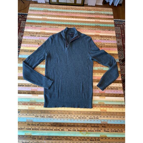 The Mens Store Bloomingdales Cashmere Silk Rib Sweater L Leather Trim 1/4 Zip - Picture 6 of 11